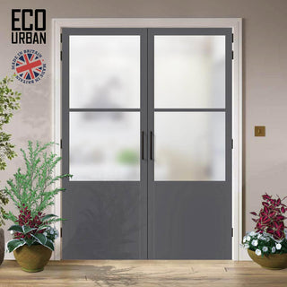 Image: Eco-Urban Berkley 2 Pane 1 Panel Solid Wood Internal Door Pair UK Made DD6309SG - Frosted Glass - Eco-Urban® Stormy Grey Premium Primed