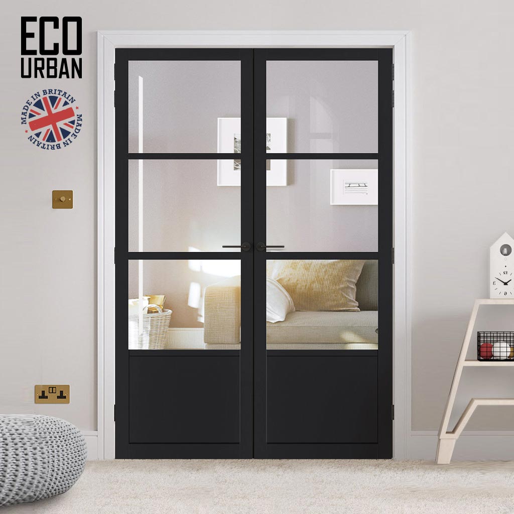 Staten 3 Pane 1 Panel Solid Wood Internal Door Pair UK Made DD6310G - Clear Glass - Eco-Urban® Shadow Black Premium Primed