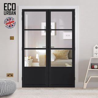 Image: Staten 3 Pane 1 Panel Solid Wood Internal Door Pair UK Made DD6310G - Clear Glass - Eco-Urban® Shadow Black Premium Primed