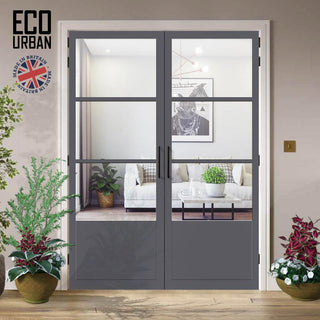 Image: Staten 3 Pane 1 Panel Solid Wood Internal Door Pair UK Made DD6310G - Clear Glass - Eco-Urban® Stormy Grey Premium Primed