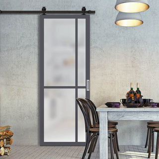 Image: Top Mounted Black Sliding Track & Solid Wood Door - Eco-Urban® Marfa 4 Pane Solid Wood Door DD6313SG - Frosted Glass - Stormy Grey Premium Primed