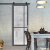 Top Mounted Black Sliding Track & Solid Wood Door - Eco-Urban® Marfa 4 Pane Solid Wood Door DD6313SG - Frosted Glass - Stormy Grey Premium Primed