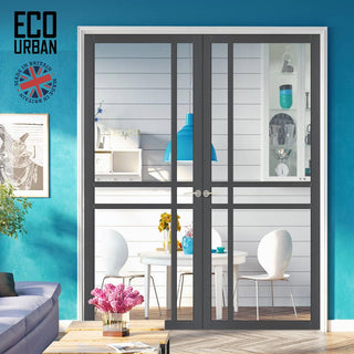 Image: Glasgow 6 Pane Solid Wood Internal Door Pair UK Made DD6314G - Clear Glass - Eco-Urban® Stormy Grey Premium Primed