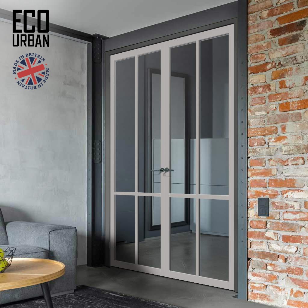 Bronx 4 Pane Solid Wood Internal Door Pair UK Made DD6315G - Clear Glass - Eco-Urban® Mist Grey Premium Primed