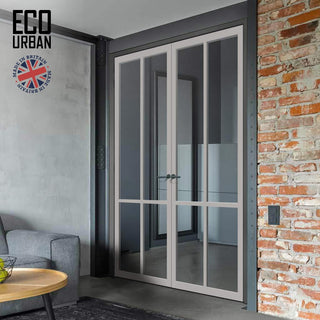 Image: Bronx 4 Pane Solid Wood Internal Door Pair UK Made DD6315G - Clear Glass - Eco-Urban® Mist Grey Premium Primed