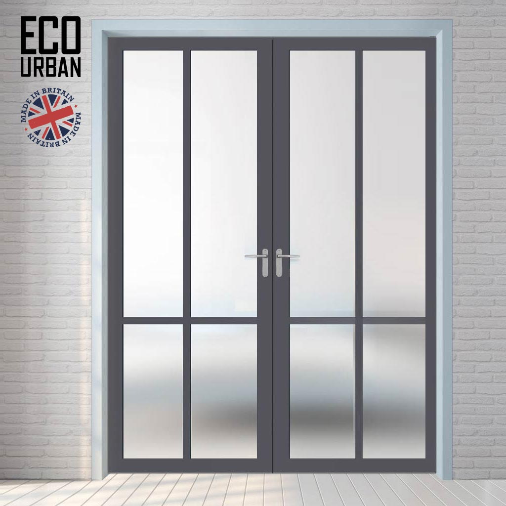 Eco-Urban Bronx 4 Pane Solid Wood Internal Door Pair UK Made DD6315SG - Frosted Glass - Eco-Urban® Stormy Grey Premium Primed
