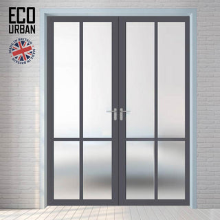 Image: Eco-Urban Bronx 4 Pane Solid Wood Internal Door Pair UK Made DD6315SG - Frosted Glass - Eco-Urban® Stormy Grey Premium Primed