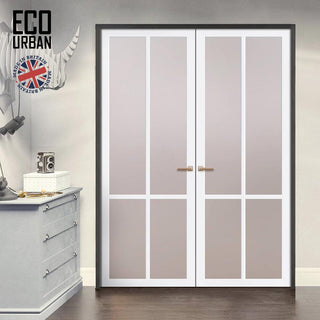 Image: Eco-Urban Bronx 4 Pane Solid Wood Internal Door Pair UK Made DD6315SG - Frosted Glass - Eco-Urban® Cloud White Premium Primed