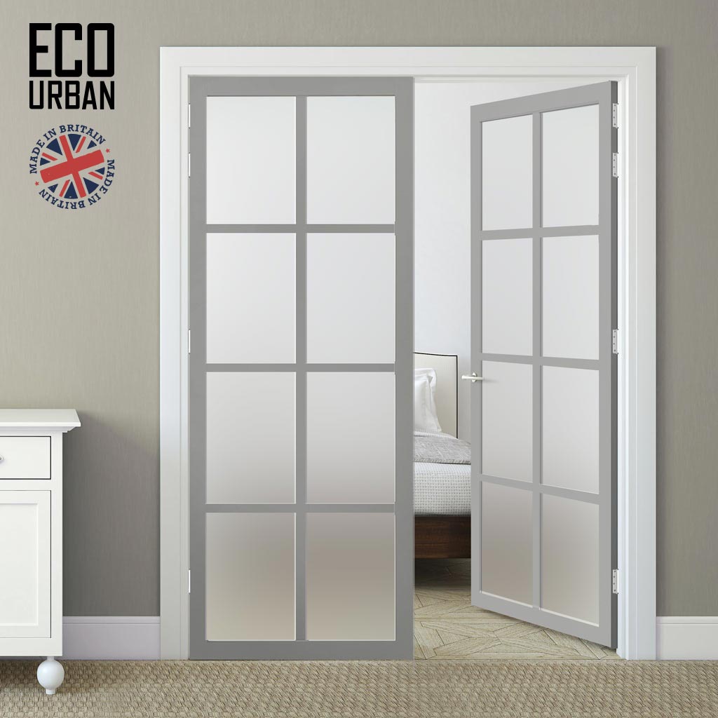 Eco-Urban Perth 8 Pane Solid Wood Internal Door Pair UK Made DD6318SG - Frosted Glass - Eco-Urban® Mist Grey Premium Primed
