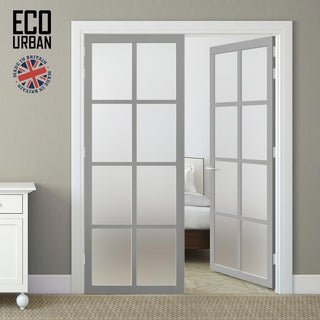 Image: Eco-Urban Perth 8 Pane Solid Wood Internal Door Pair UK Made DD6318SG - Frosted Glass - Eco-Urban® Mist Grey Premium Primed