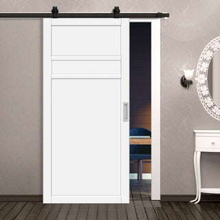 Image: Top Mounted Black Sliding Track & Solid Wood Door - Eco-Urban® Orkney 3 Panel Solid Wood Door DD6403 - Cloud White Premium Primed