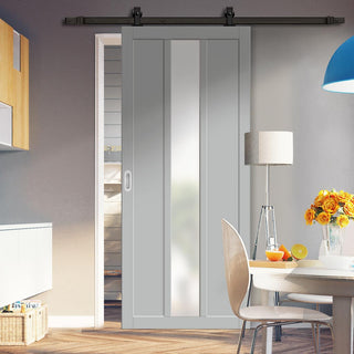 Image: Top Mounted Black Sliding Track & Solid Wood Door - Eco-Urban® Cornwall 1 Pane 2 Panel Solid Wood Door DD6404SG Frosted Glass - Mist Grey Premium Primed