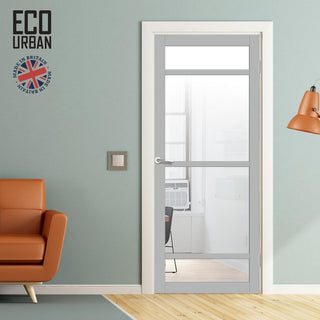 Image: Handmade Eco-Urban Malvan 4 Pane Solid Wood Internal Door UK Made DD6414G Clear Glass - Eco-Urban® Mist Grey Premium Primed