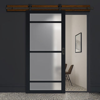 Image: Top Mounted Black Sliding Track & Solid Wood Door - Eco-Urban® Malvan 4 Pane Solid Wood Door DD6414SG Frosted Glass - Shadow Black Premium Primed