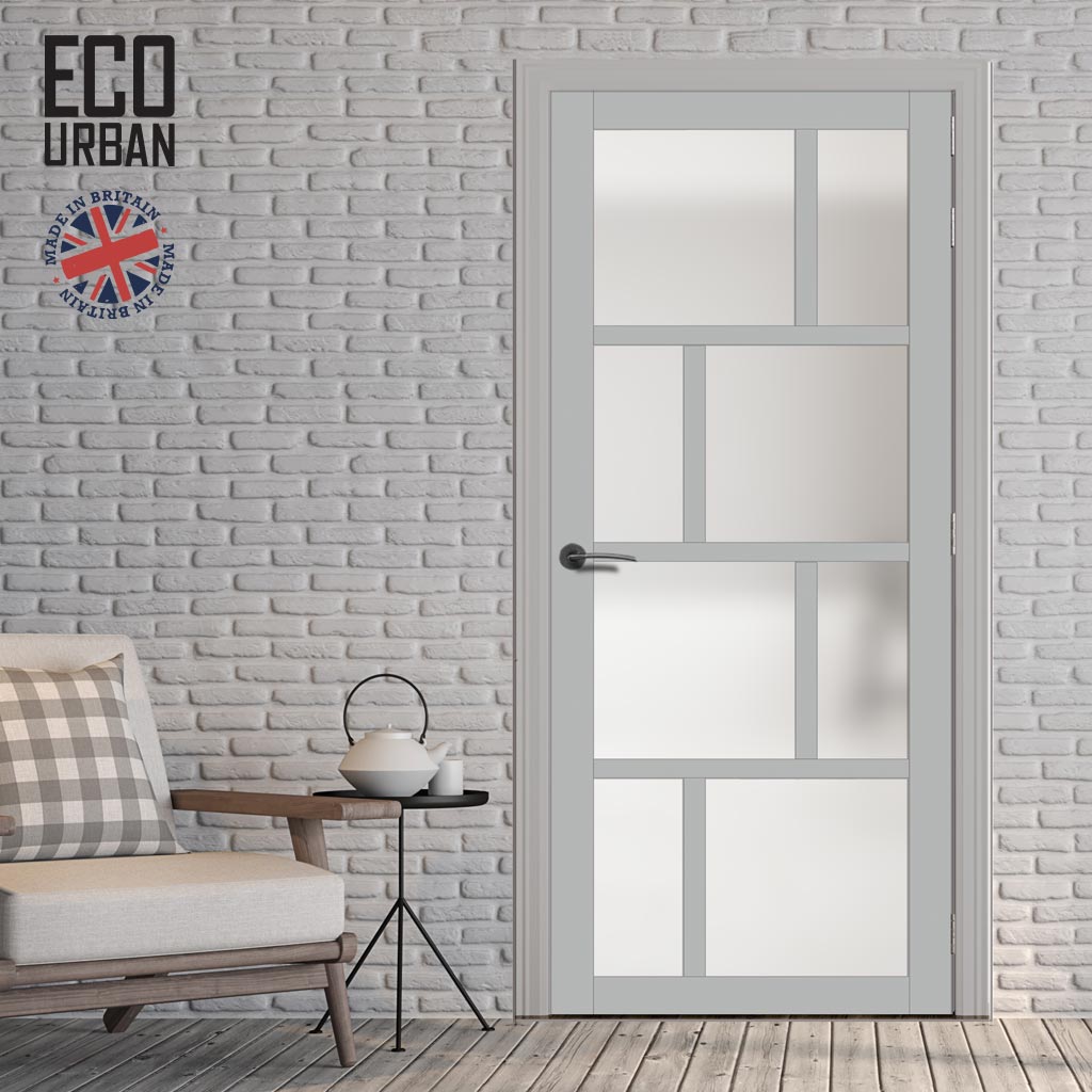 Handmade Eco-Urban Kochi 8 Pane Solid Wood Internal Door UK Made DD6415SG Frosted Glass - Eco-Urban® Mist Grey Premium Primed