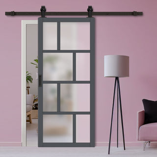 Image: Top Mounted Black Sliding Track & Solid Wood Door - Eco-Urban® Kochi 8 Pane Solid Wood Door DD6415SG Frosted Glass - Stormy Grey Premium Primed