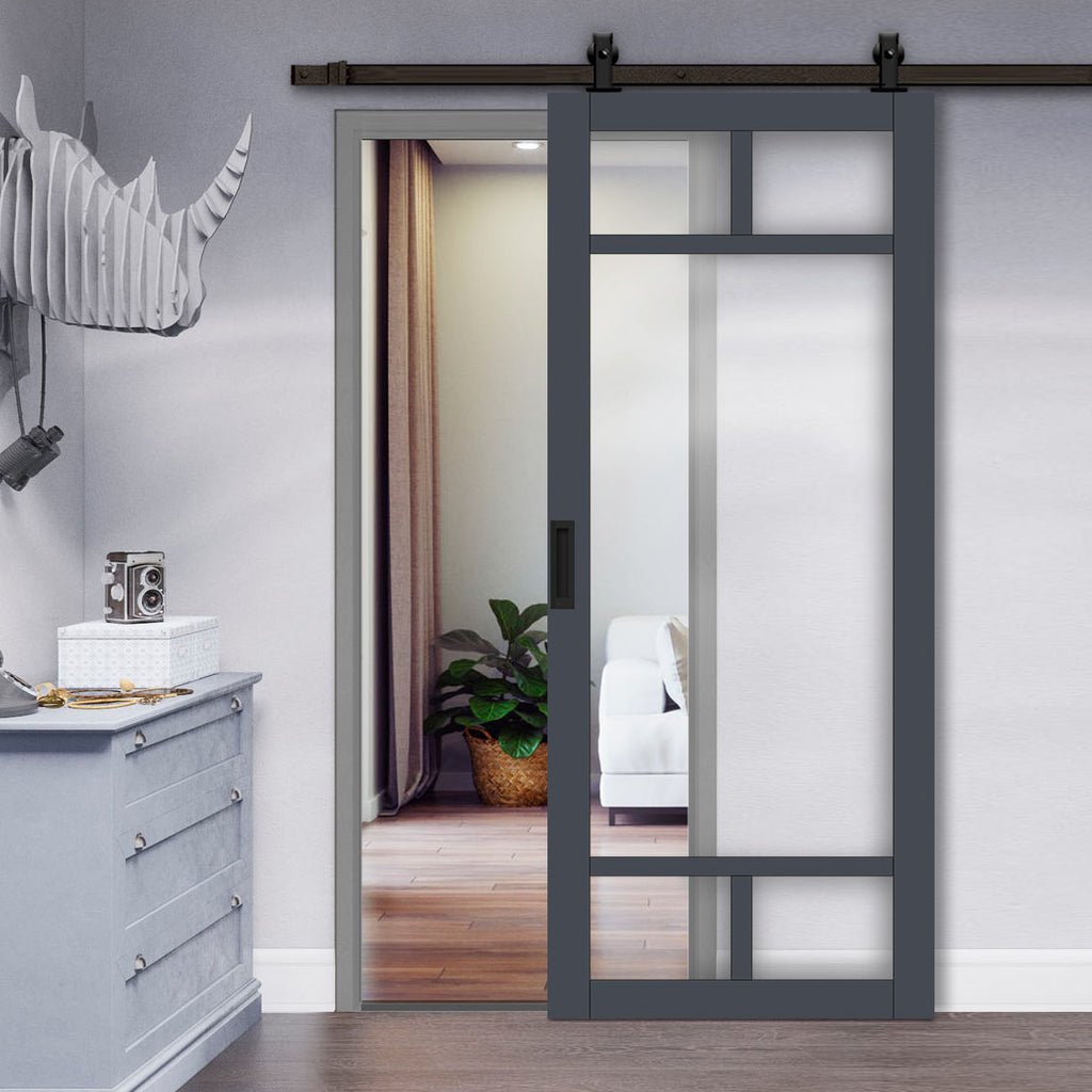 Top Mounted Black Sliding Track & Solid Wood Door - Eco-Urban® Sydney 5 Pane Solid Wood Door DD6417G Clear Glass - Stormy Grey Premium Primed