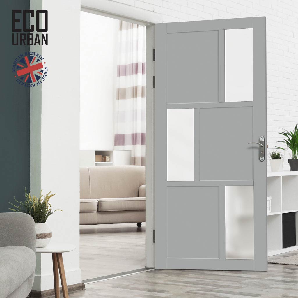 Handmade Eco-Urban Tokyo 3 Pane 3 Panel Solid Wood Internal Door UK Made DD6423SG Frosted Glass - Eco-Urban® Mist Grey Premium Primed