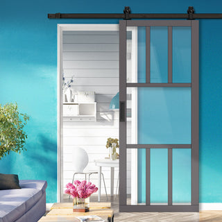 Image: Top Mounted Black Sliding Track & Solid Wood Door - Eco-Urban® Queensland 7 Pane Solid Wood Door DD6424G Clear Glass - Stormy Grey Premium Primed