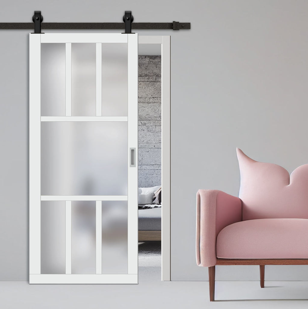 Top Mounted Black Sliding Track & Solid Wood Door - Eco-Urban® Queensland 7 Pane Solid Wood Door DD6424SG Frosted Glass - Cloud White Premium Primed