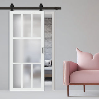 Image: Top Mounted Black Sliding Track & Solid Wood Door - Eco-Urban® Queensland 7 Pane Solid Wood Door DD6424SG Frosted Glass - Cloud White Premium Primed