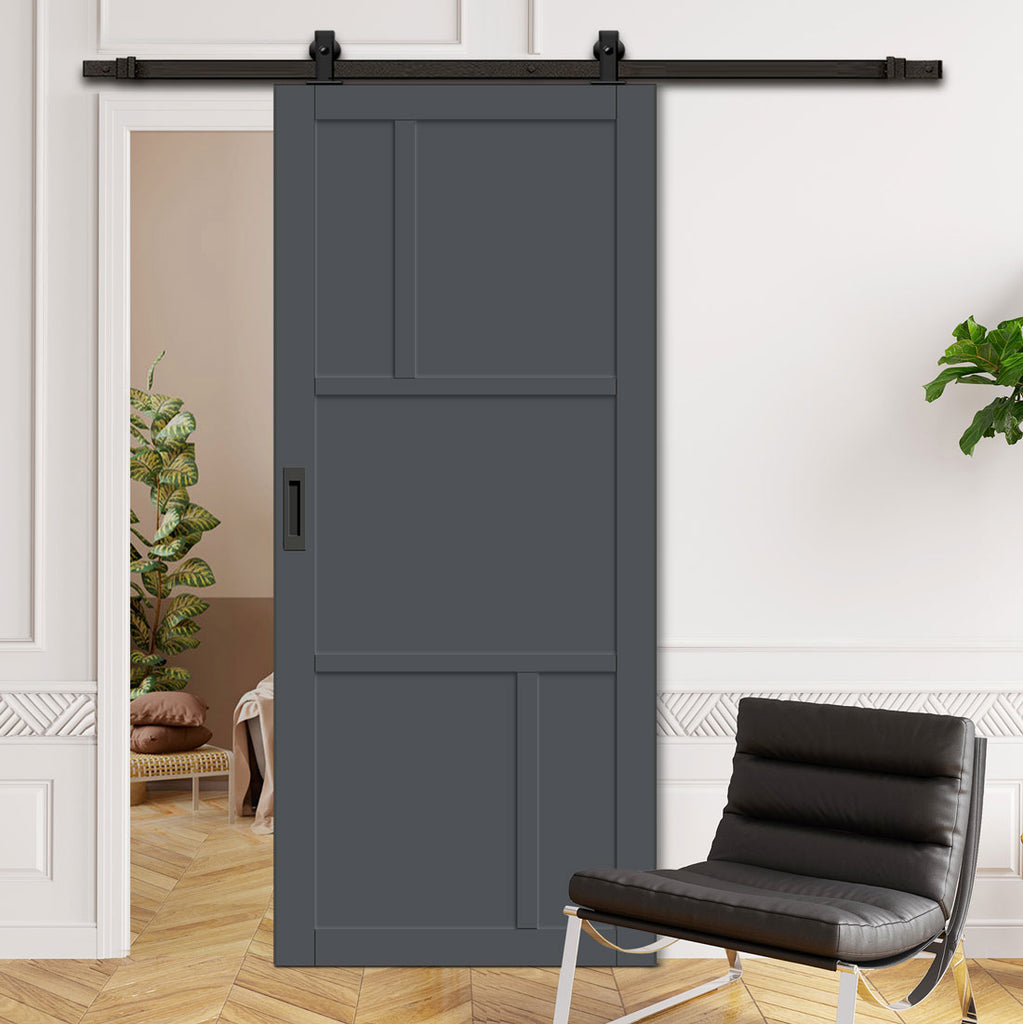 Top Mounted Black Sliding Track & Solid Wood Door - Eco-Urban® Arran 5 Panel Solid Wood Door DD6432 - Stormy Grey Premium Primed