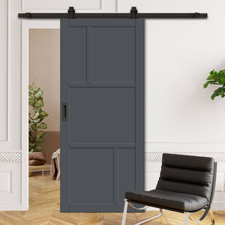 Image: Top Mounted Black Sliding Track & Solid Wood Door - Eco-Urban® Arran 5 Panel Solid Wood Door DD6432 - Stormy Grey Premium Primed