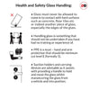 Black and white icons with descriptions regarding health and safety glass handing.
