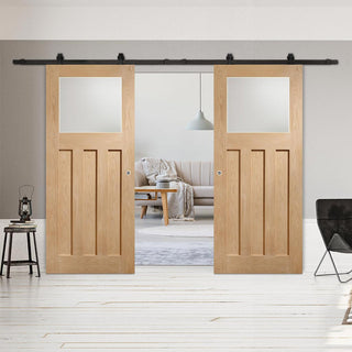 Image: Top Mounted Black Sliding Track & Double Door - DX 1930's Oak Doors - Obscure Glass - Prefinished