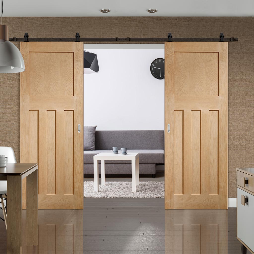 Top Mounted Black Sliding Track & Double Door - DX Oak Panel Doors - 1930's Style -Unfinished