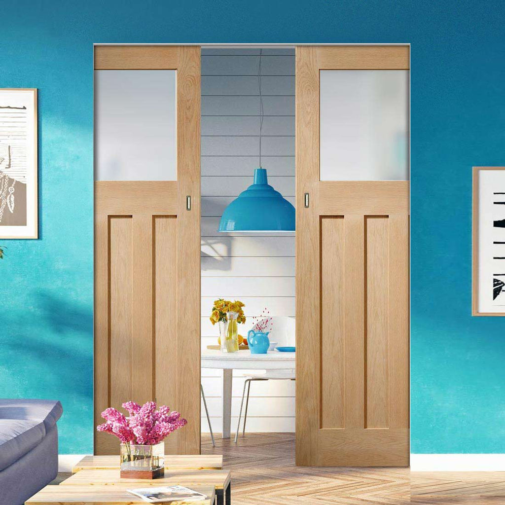 DX Oak Absolute Evokit Pocket Double Pocket Door - Obscure Glass - 1930's Style
