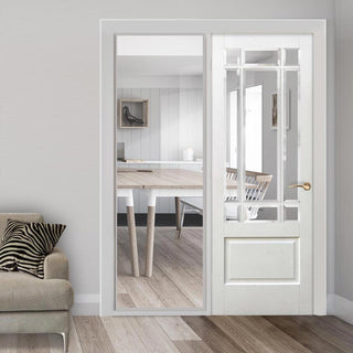 Image: ThruEasi White Room Divider - Downham Bevelled Clear Glass Primed Door with Full Glass Side