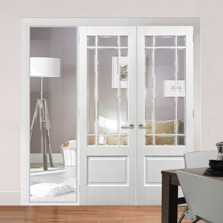 Image: ThruEasi White Room Divider - Downham Bevelled Clear Glass Primed Door Pair with Full Glass Side