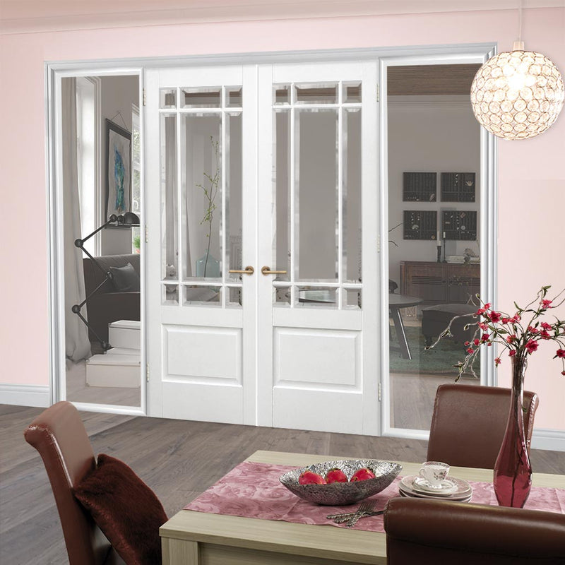 WhiteRoom Divider - Downham Bevelled Clear Glass Primed Door Pair with Full Glass Sides
