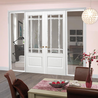 Image: ThruEasi White Room Divider - Downham Bevelled Clear Glass Primed Door Pair with Full Glass Sides