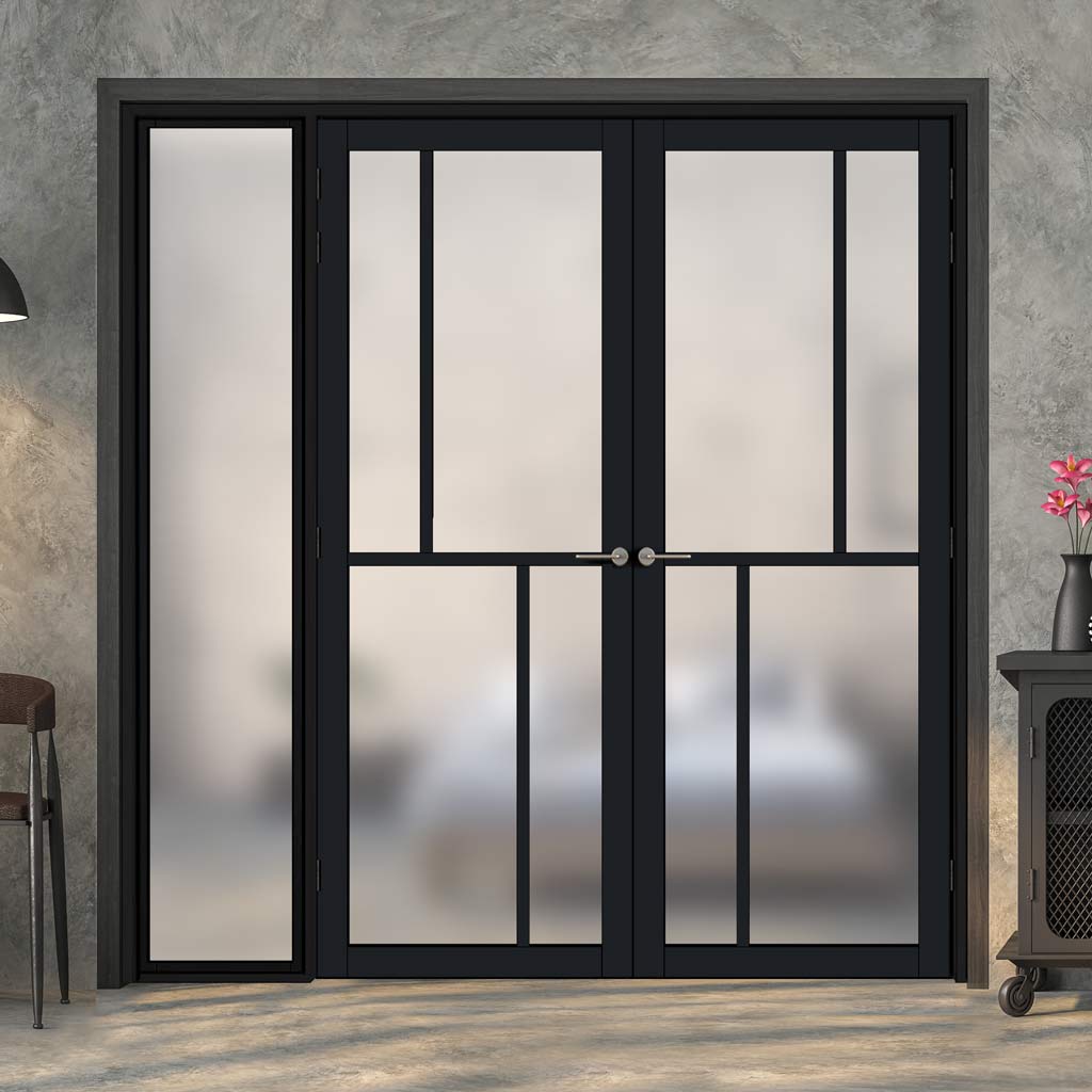 Bespoke Room Divider - Eco-Urban® Hampton Door Pair DD6413F - Frosted Glass with Full Glass Side - Premium Primed - Colour & Size Options