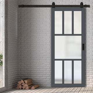 Image: Top Mounted Black Sliding Track & Solid Wood Door - Eco-Urban® Queensland 7 Pane Solid Wood Door DD6424SG Frosted Glass - Stormy Grey Premium Primed