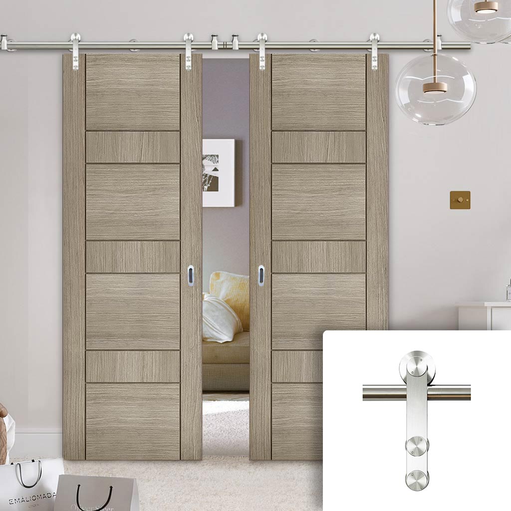 Saturn Tubular Stainless Steel Sliding Track & Edmonton Light Grey Double Door - Prefinished