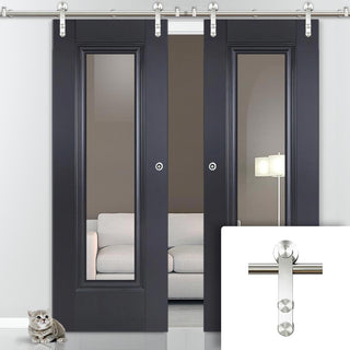 Image: Saturn Tubular Stainless Steel Sliding Track & Eindhoven 1 Panel Black Primed Double Door - Unfinished