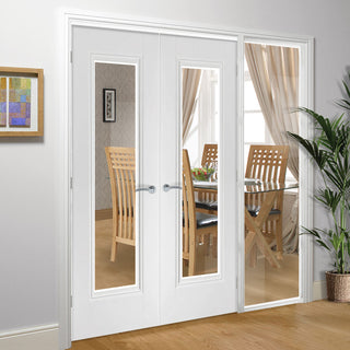 Image: ThruEasi White Room Divider - Eindhoven 1 Pane Primed Clear Glass Door Pair with Full Glass Side