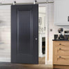 Sirius Tubular Stainless Steel Sliding Track & Eindhoven 1 Panel Black Primed Door - Unfinished
