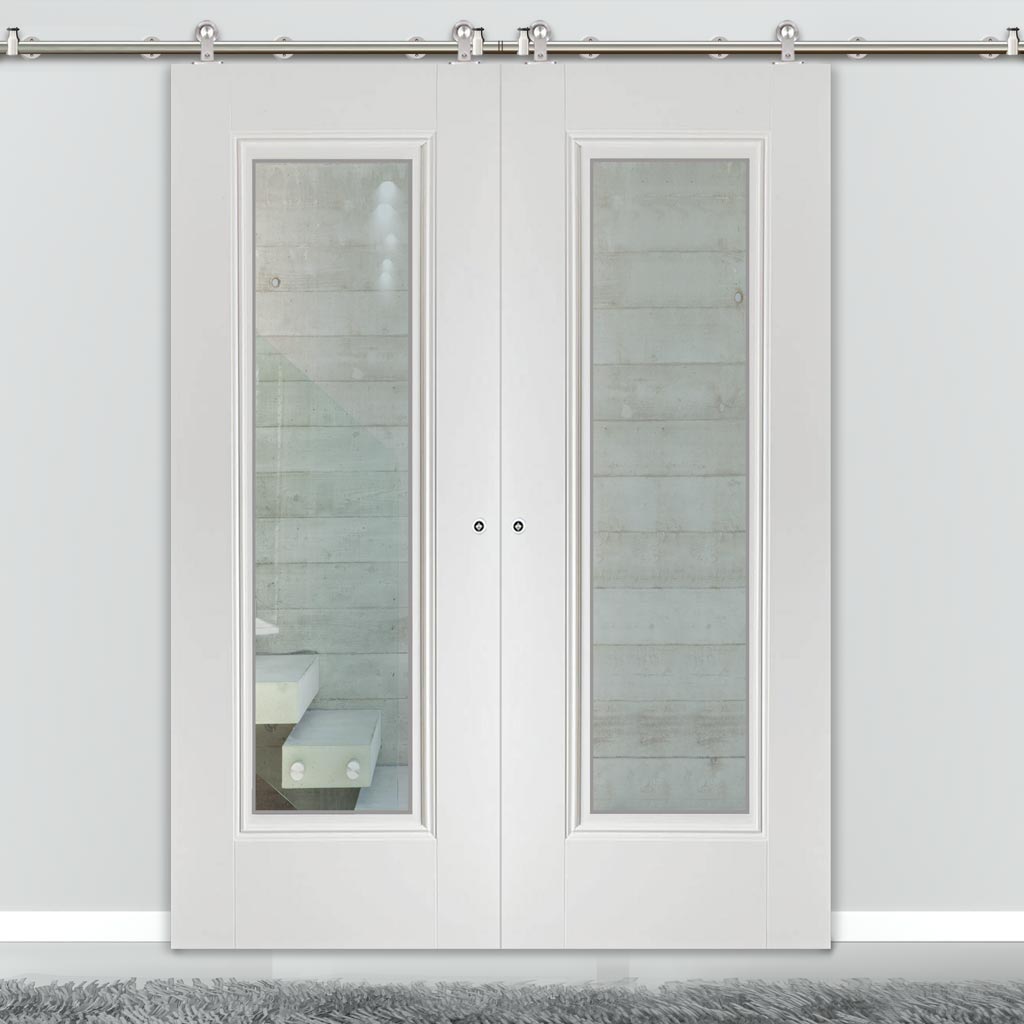 Sirius Tubular Stainless Steel Sliding Track & Eindhoven  1 Pane Double Door - Clear Glass - Primed