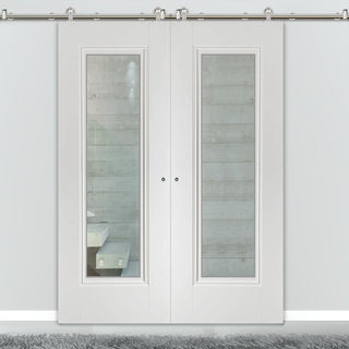 Image: Sirius Tubular Stainless Steel Sliding Track & Eindhoven  1 Pane Double Door - Clear Glass - Primed