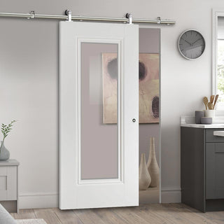 Image: Sirius Tubular Stainless Steel Sliding Track & Eindhoven  1 Pane Door - Clear Glass - Primed