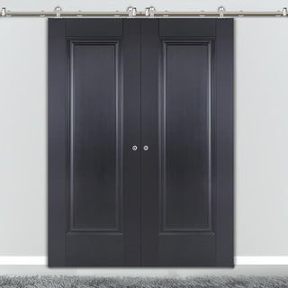 Image: Sirius Tubular Stainless Steel Sliding Track & Eindhoven 1 Panel Black Primed Double Door - Unfinished