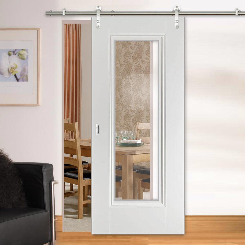 Saturn Tubular Stainless Steel Sliding Track & Eindhoven  1 Pane Door - Clear Glass - Primed