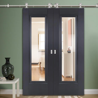Image: Sirius Tubular Stainless Steel Sliding Track & Eindhoven Black Primed Double Door - Clear Glass - Unfinished