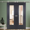 Sirius Tubular Stainless Steel Sliding Track & Eindhoven Black Primed Double Door - Clear Glass - Unfinished