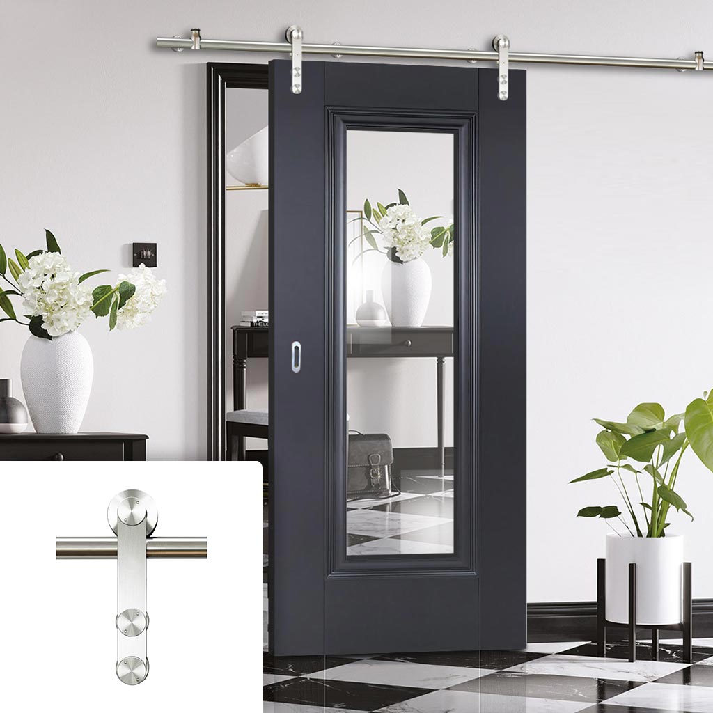 Saturn Tubular Stainless Steel Sliding Track & Eindhoven Black Primed Door - Clear Glass - Unfinished