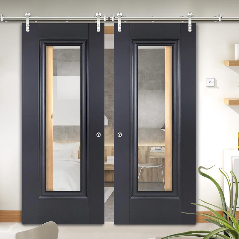 Saturn Tubular Stainless Steel Sliding Track & Eindhoven Black Primed Double Door - Clear Glass - Unfinished